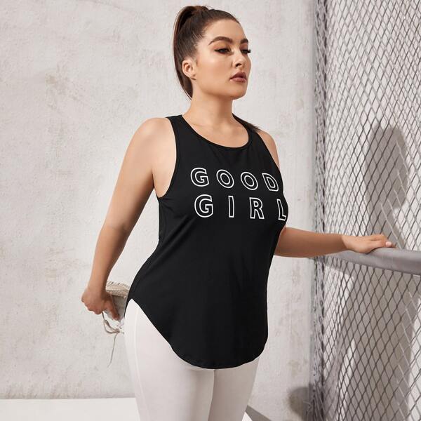 

Plus Letter Graphic Curved Hem Sports Tank Top, Black