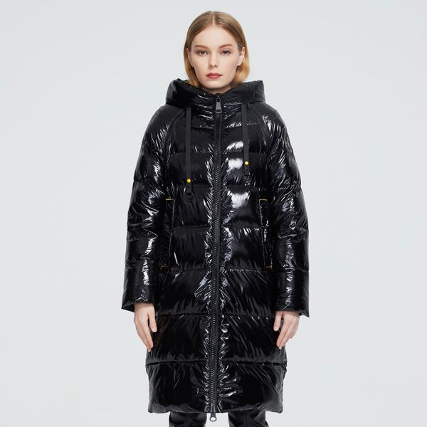 

Zip Up Hooded Raglan Sleeve Coated Puffer Coat, Black
