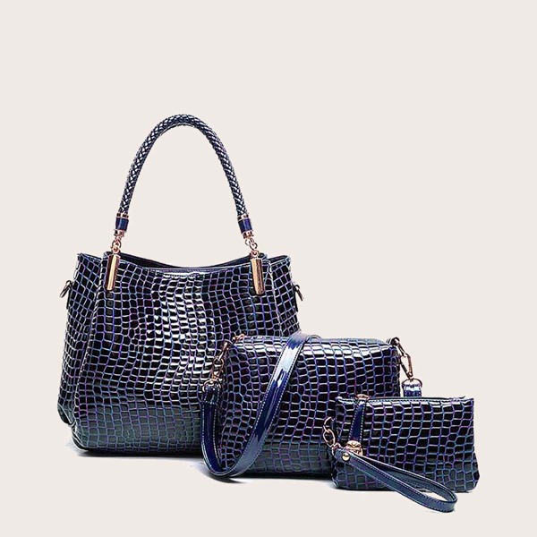 

3pcs Textured Shoulder Tote Bag Set, Blue