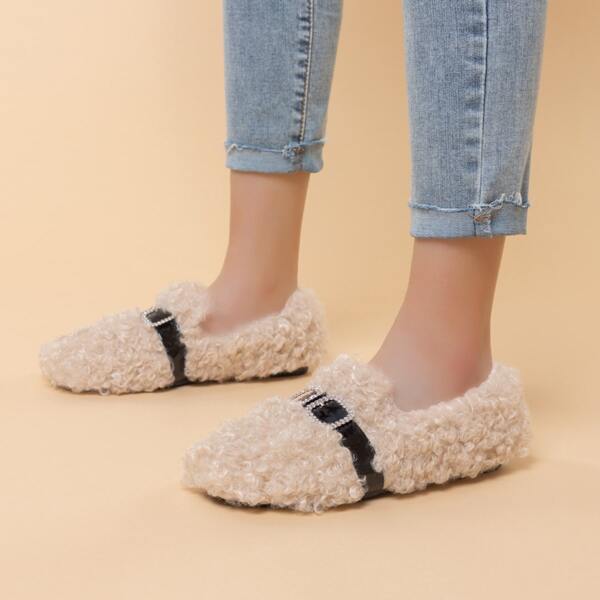 

Rhinestone Decor Faux Fur Flats, Khaki