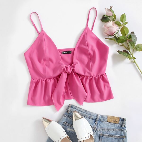 

Tie Front Ruffle Hem Cami Top, Hot pink