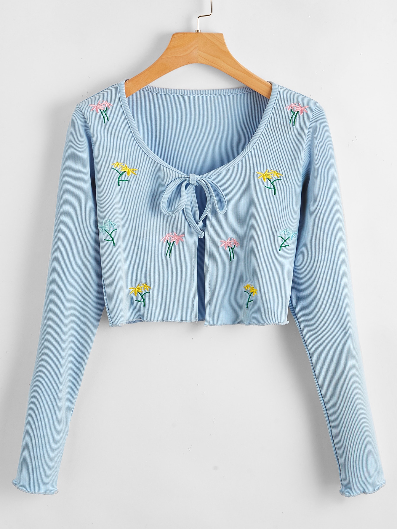 Plus Rib Plants Embroidered Tie Neck Crop Top thumbnail