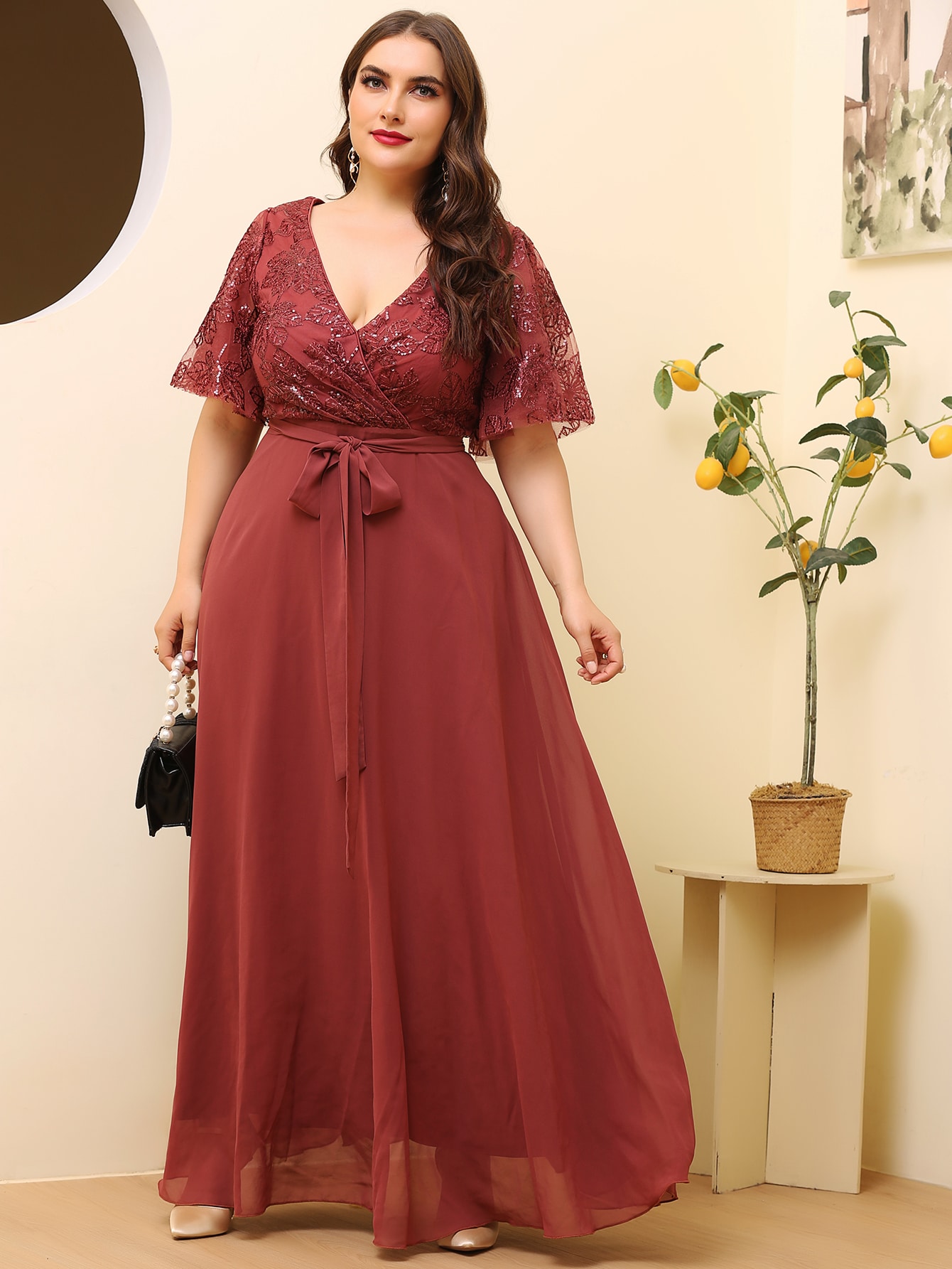 Plus Contrast Mesh Belted Maxi Dress thumbnail