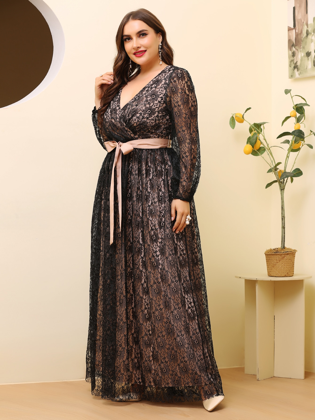 Plus Lace Belted Surplice Front Maxi Dress thumbnail