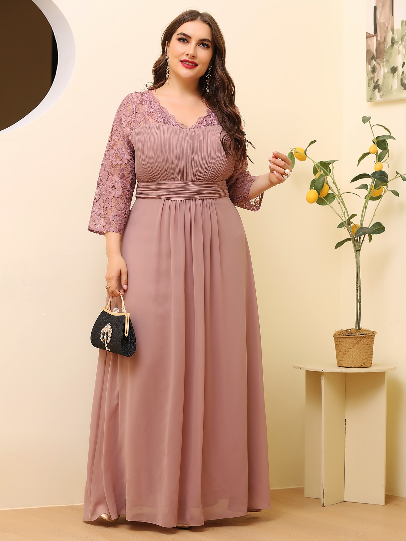 Plus Pleated Contrast Lace Maxi Dress thumbnail