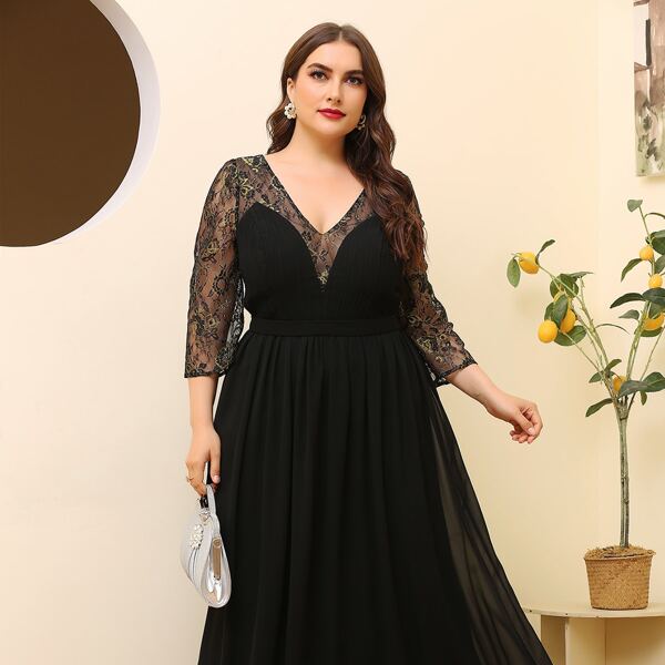

Plus Contrast Lace Chiffon Maxi Dress, Black