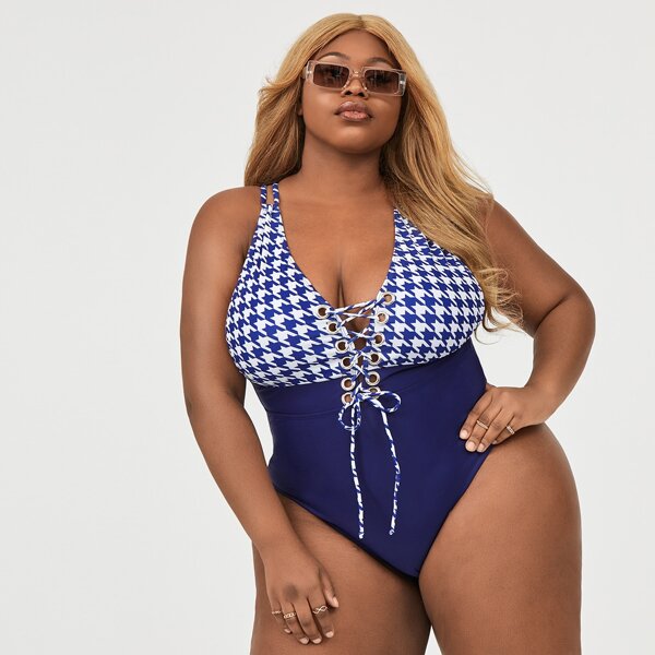 

Plus Houndstooth Lace-up Front One Piece Swimsuit, Blue and white
