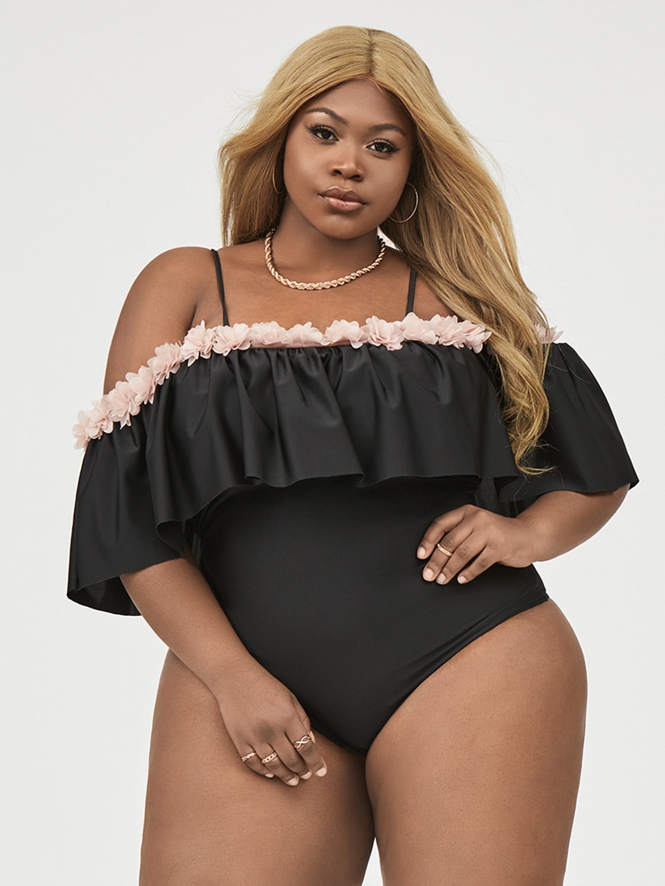 Plus Appliques Flounce Bardot One Piece Swimsuit thumbnail
