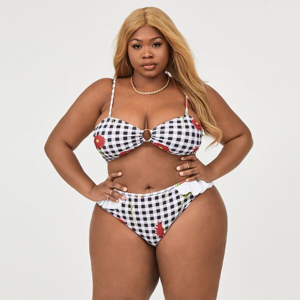 

Plus Gingham & Floral Print Ruffle Bikini Swimsuit, Multicolor