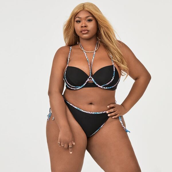 

Plus Contrast Binding Underwire Tie Side Bikini Swimsuit, Black