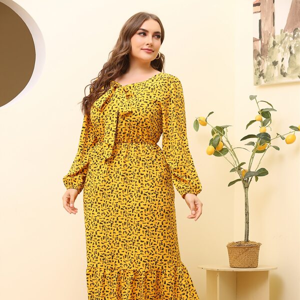 

Plus Allover Print Tie Neck Flounce Hem Dress, Yellow