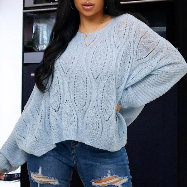 

Plus Batwing Sleeve Open Knit Oversized Sweater, Baby blue
