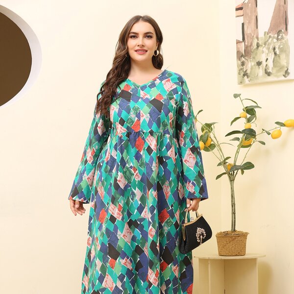 

Plus Allover Geo Print Smock Dress, Multicolor
