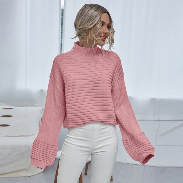

High Neck Drop Shoulder Rib-knit Sweater, Pink