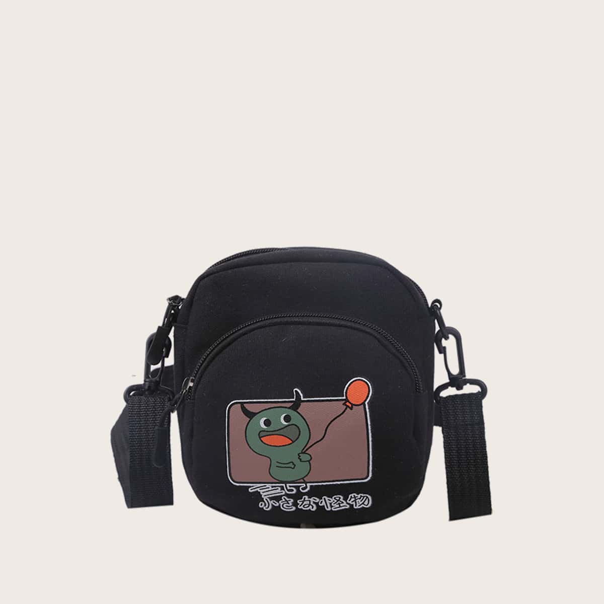 

Cartoon Print Canvas Bag, Black
