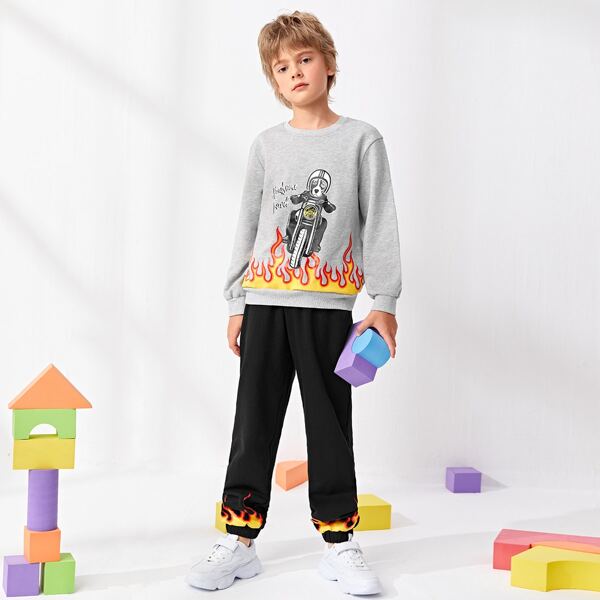 

Boys Cartoon and Fire Print Pullover and Joggers Set, Multicolor