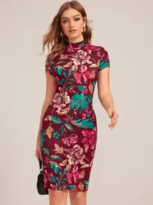 SHEIN Clasi 花卉圖案小高領包臀連衣裙 - 彩色 - 查看 1