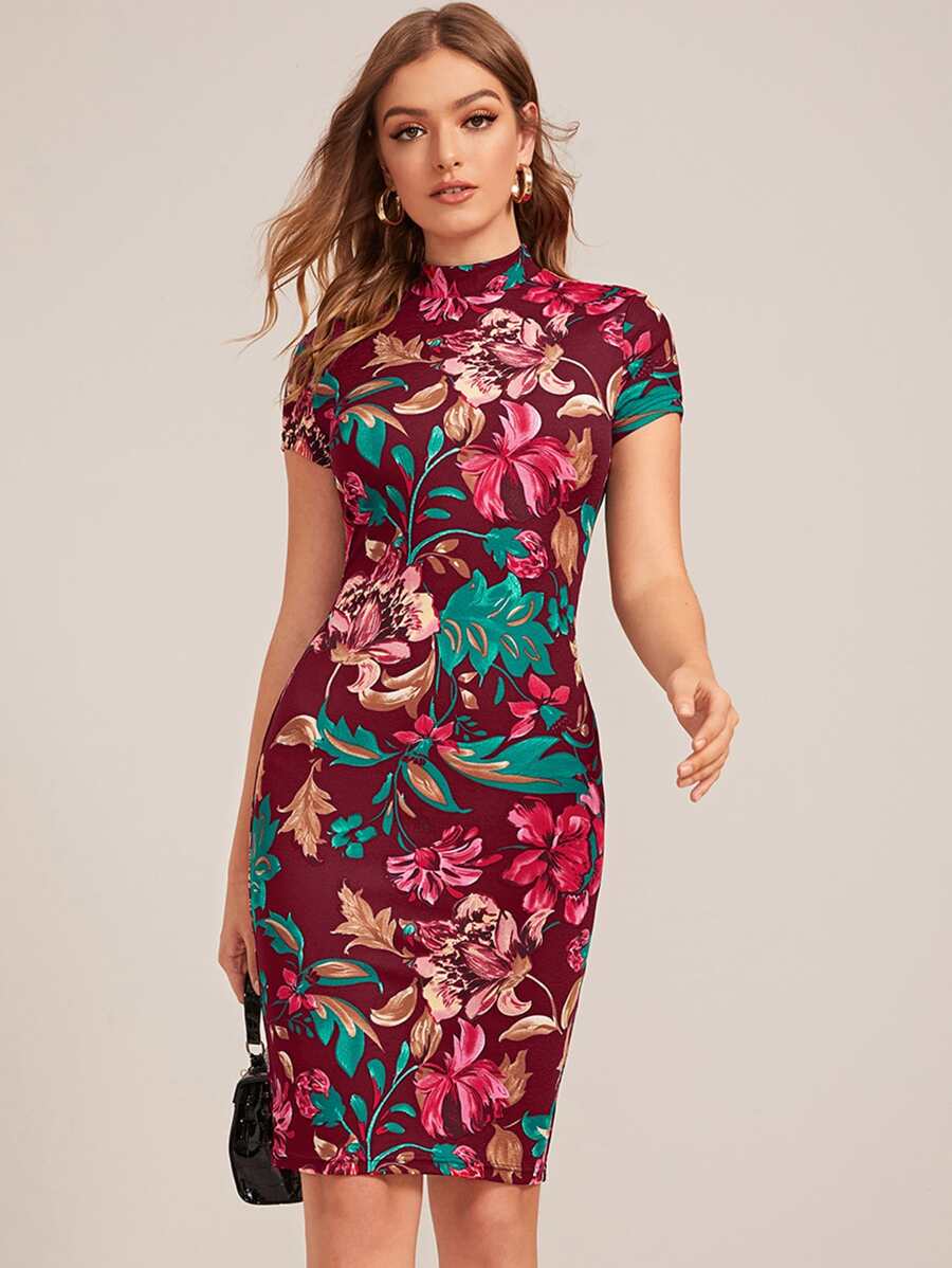 SHEIN Clasi 花卉圖案小高領包臀連衣裙 - 彩色 - 查看 1