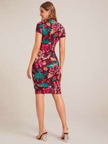 SHEIN Clasi 花卉圖案小高領包臀連衣裙 - 彩色 - 查看 2