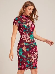 SHEIN Clasi 花卉圖案小高領包臀連衣裙 - 彩色 - 查看 4