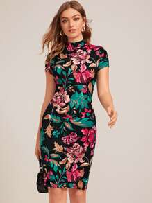 SHEIN Clasi Floral Print Mock Neck Bodycon Dress - Multicolor - View 1