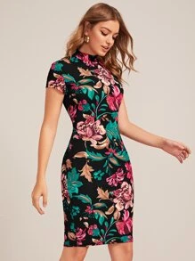 SHEIN Clasi Floral Print Mock Neck Bodycon Dress - Multicolor - View 4