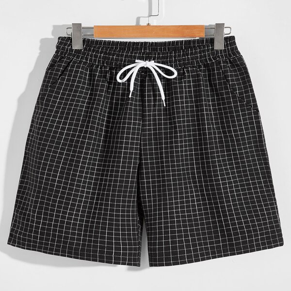

Men Plaid Drawstring Shorts, Black