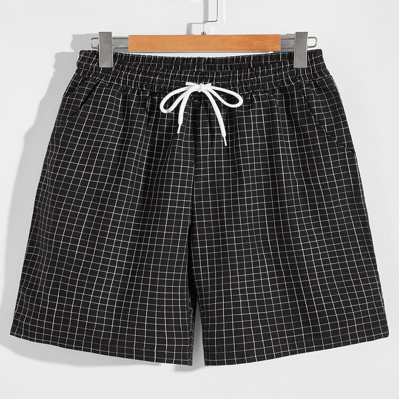 

Men Plaid Drawstring Shorts, Black