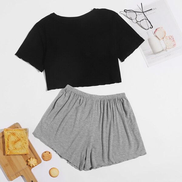 

Rib-knit Tee & Lettuce Trim Shorts Lounge Set, Multicolor