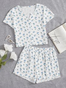 碎花纽扣前睡衣套装白色套装 - 白色 - 查看 1