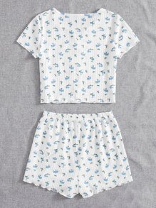 碎花纽扣前睡衣套装白色套装 - 白色 - 查看 2