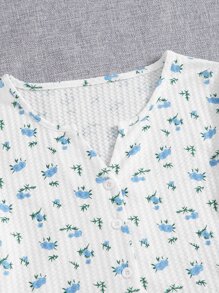 碎花纽扣前睡衣套装白色套装 - 白色 - 查看 3