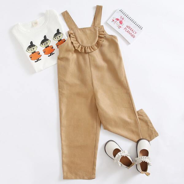 

Toddler Girls Ruffle Trim Solid Overall, Khaki