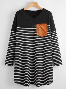 SHEIN LUNE Elbow Patched Striped Tee Dress - Black and White - View 1