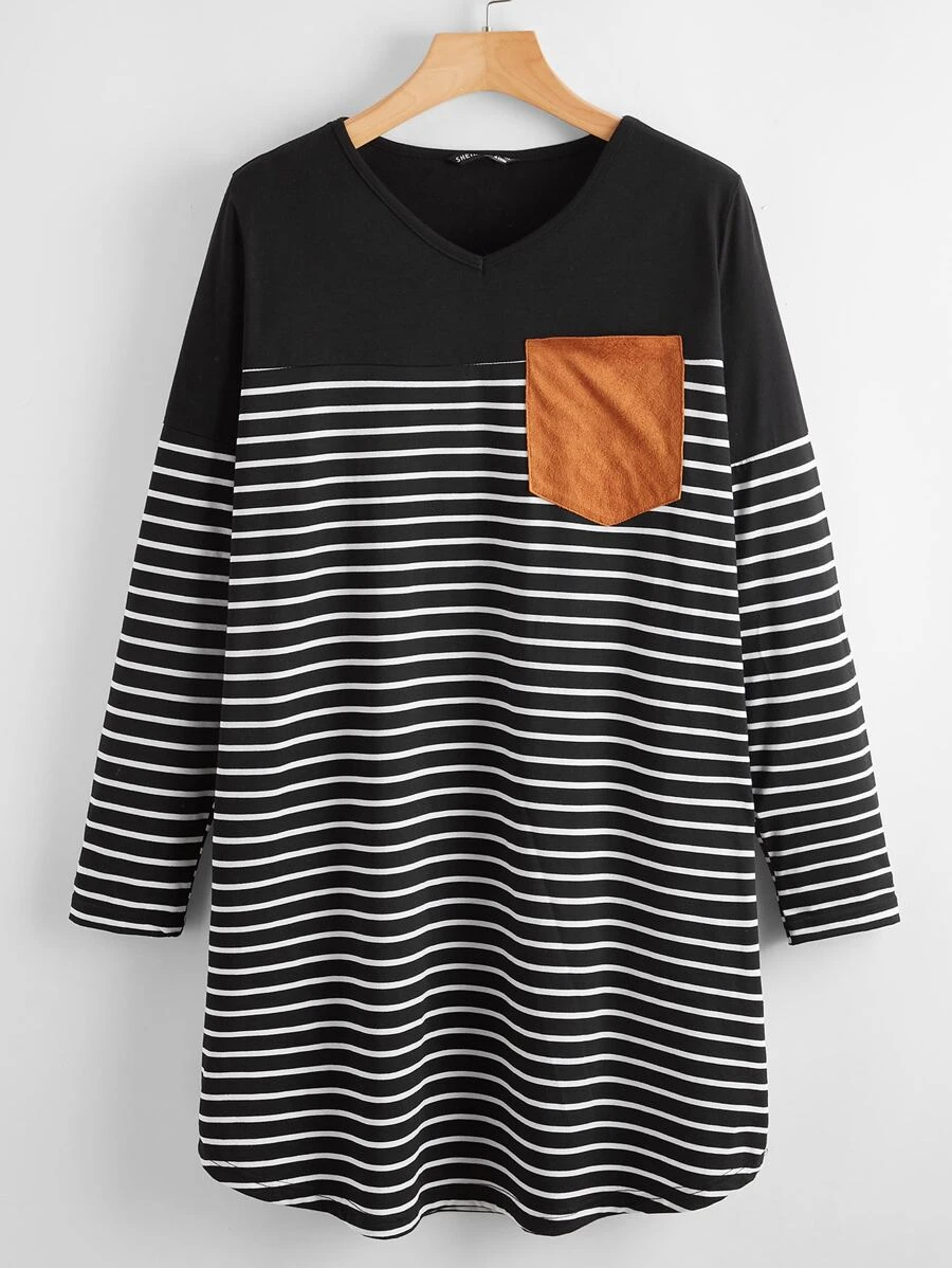 SHEIN LUNE Elbow Patched Striped Tee Dress - Black and White - View 1