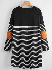 SHEIN LUNE Elbow Patched Striped Tee Dress - Black and White - View 2