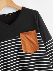 SHEIN LUNE Elbow Patched Striped Tee Dress - Black and White - View 3