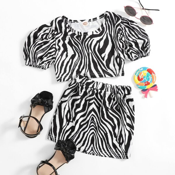 

Toddler Girls Zebra Striped Mesh Panel Top & Skirt, Black and white