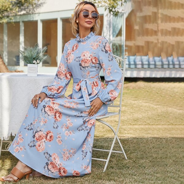 

Ruffle Neck Floral Print Belted A-line Dress, Blue