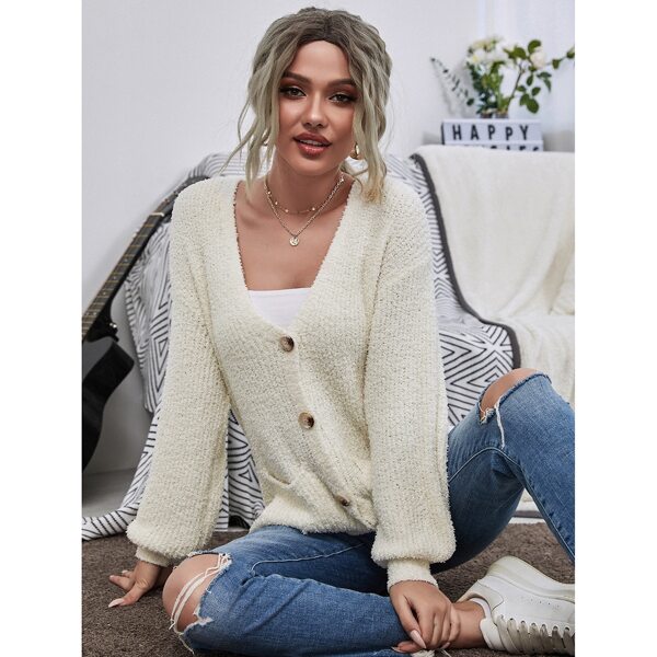 

Button Front Drop Shoulder Cardigan, Beige
