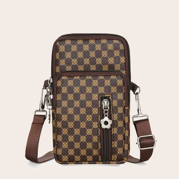 

Zip Front Graphic Crossbody Bag, Coffee brown