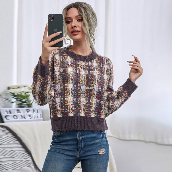 

Plaid Pattern Round Neck Crop Sweater, Multicolor