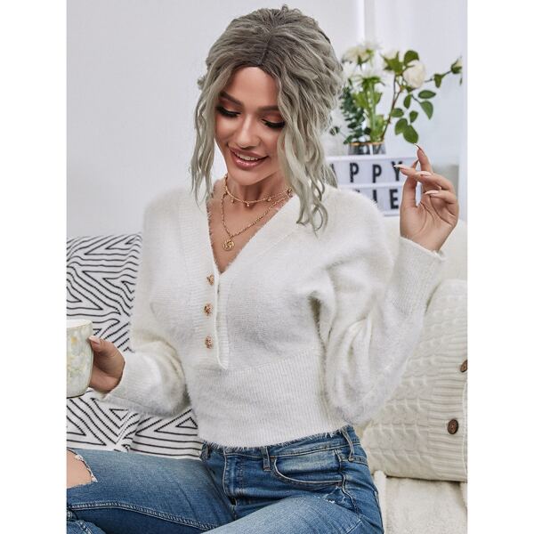 

Lace Up Knot Back Button Front Fuzzy Sweater, White