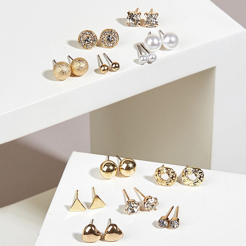 

12pairs Rhinestone Stud Earring Set, Gold