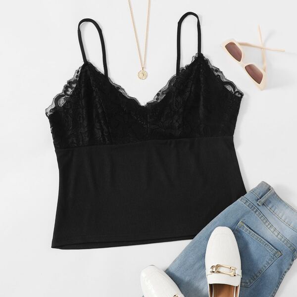 

Plus Contrast Lace Panel Cami Top, Black