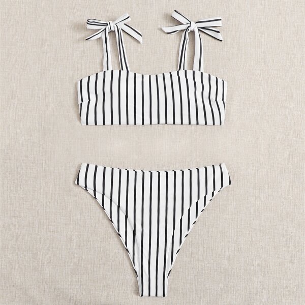

Striped High Waisted Bikini Swimsuit, Black and white