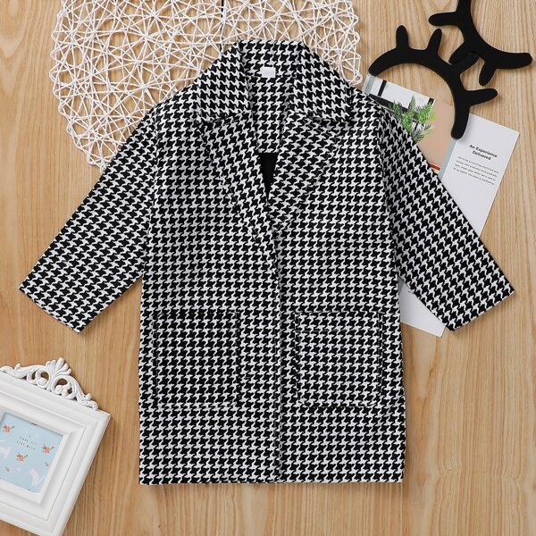 

Toddler Girls Houndstooth Dual Pocket Lapel Neck Coat, Black and white