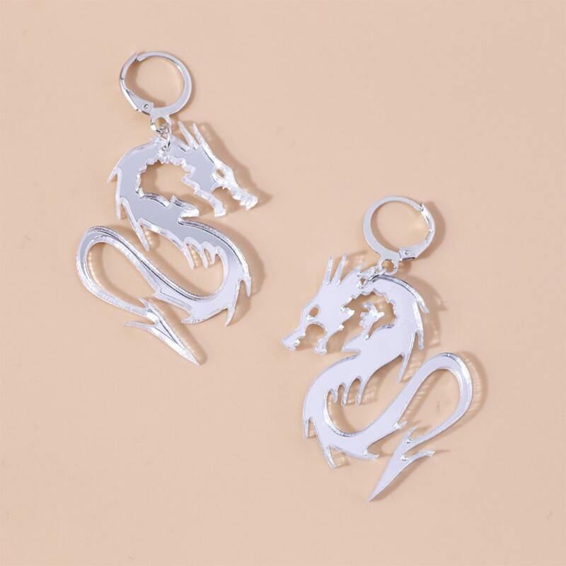 

Chinese Dragon Drop Earrings, Silver