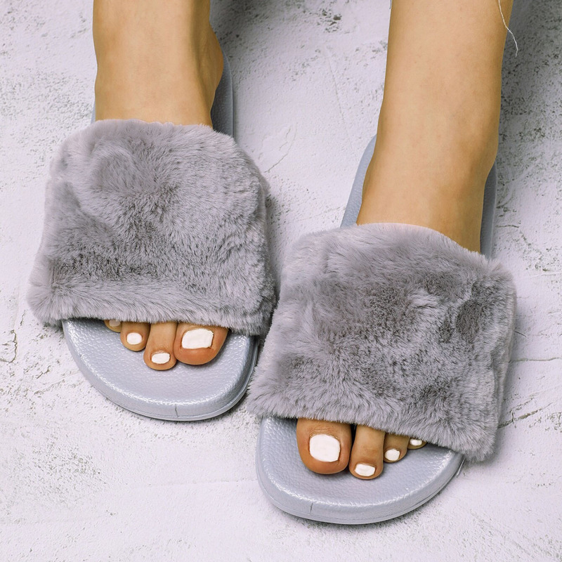 

Faux Fur Fluffy Slide Sandals, Grey