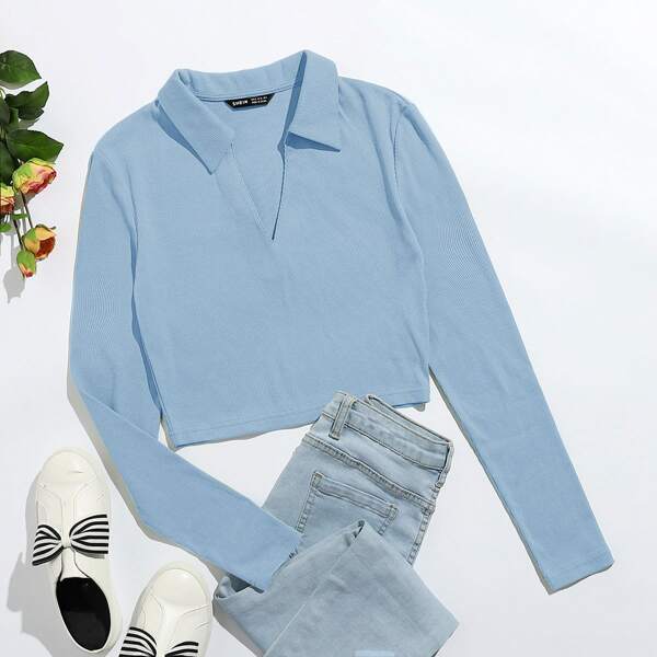 

Notched Neckline Solid Crop Top, Pastel baby blue